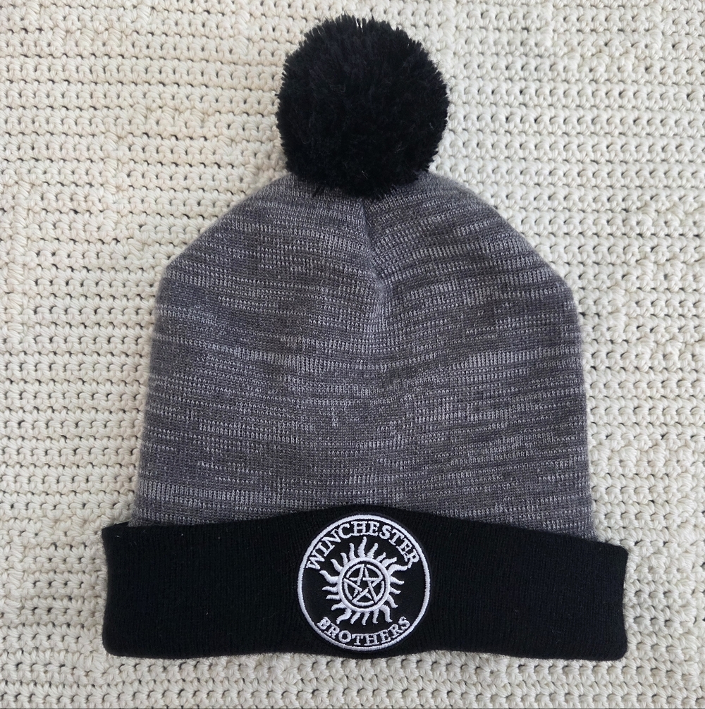 Gray and Black Supernatural Beanie with Pom Pom